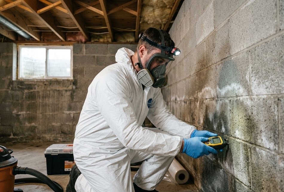 Mold remediation technician inspecting a basement in a Dayton, Ohio home